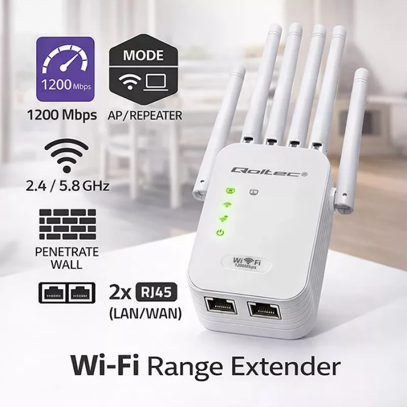 Wi‑Fi‑Signalverstärker QOLTEC AC1200 – QOLTEC AC1200 Dualband‑Signalverstärker