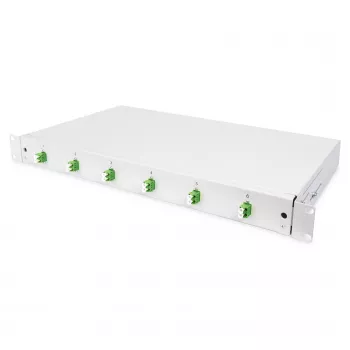 Glasfaser-Spleißbox DIGITUS DN-96330/9APC 1U, bestückt mit 6x LC-APC DX, OS2, Polymer/Stahl, hellgrau