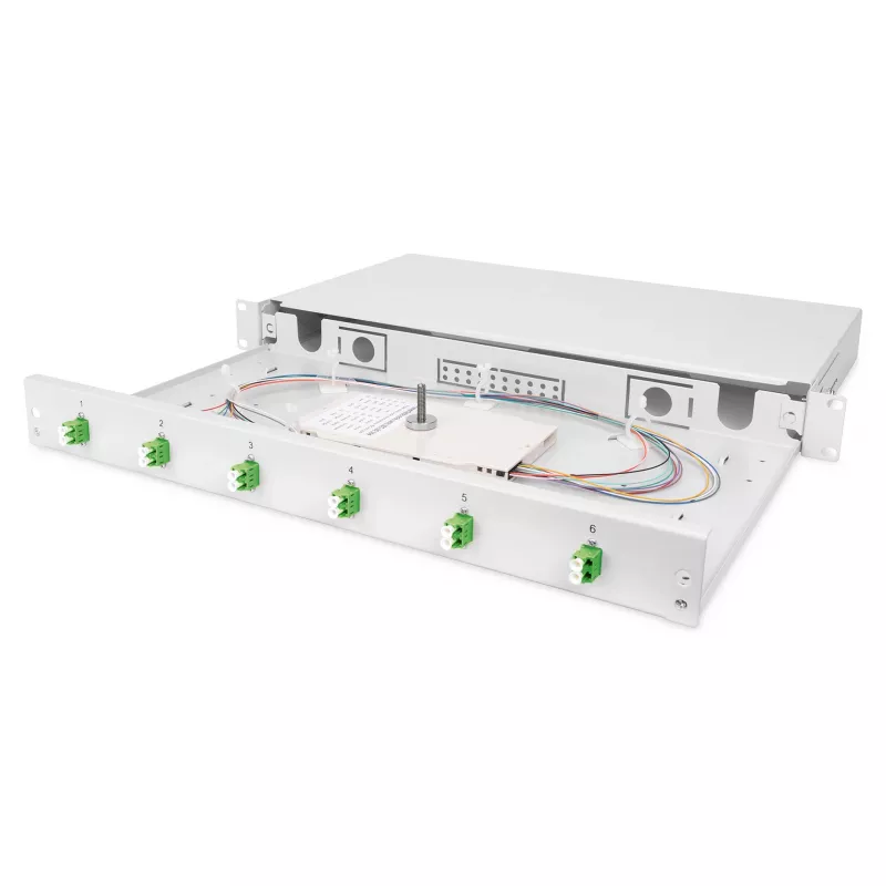 Glasfaser-Spleißbox DIGITUS DN-96330/9APC 1U, bestückt mit 6x LC-APC DX, OS2, Polymer/Stahl, hellgrau