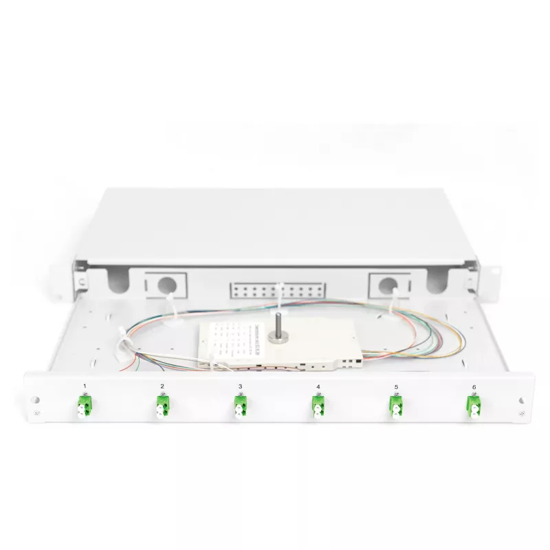 Glasfaser-Spleißbox DIGITUS DN-96330/9APC 1U, bestückt mit 6x LC-APC DX, OS2, Polymer/Stahl, hellgrau
