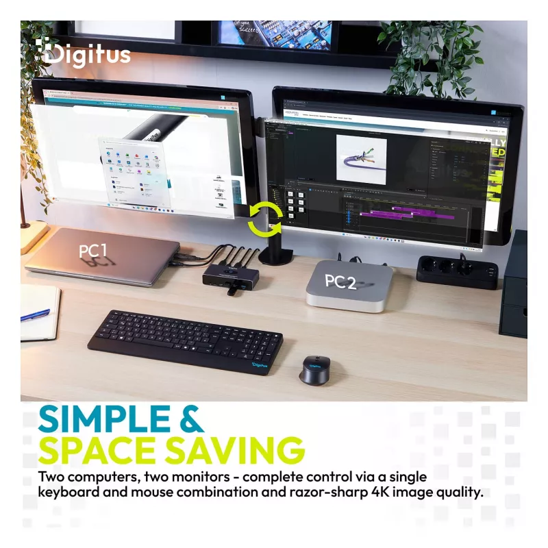 KVM-Switch DIGITUS DS-12856 USB-C/USB-A 2‑Port Dual HDMI 4K60Hz (USB 3.2 Gen 1)