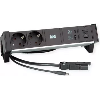 Strommodul Bachmann DESK2 ALU Schwarz – Desktop-Steckdoseneinheit mit 2x CEE7/3-Steckdosen, 1,0 m Kabel, 1x USB-Ladegerät 22W