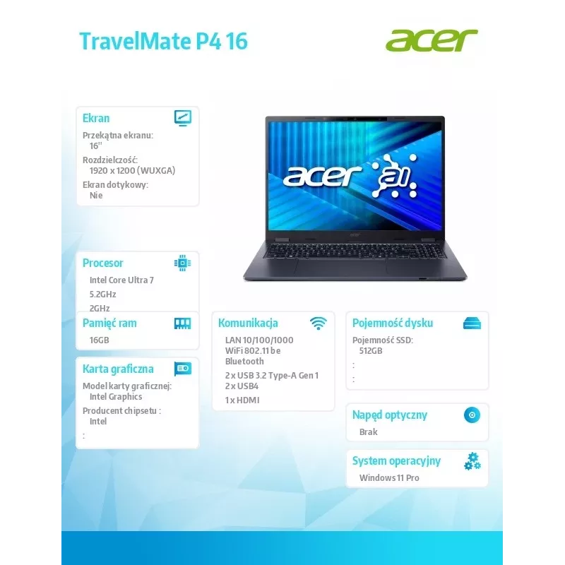 Acer TravelMate P4 TMP416-54-TCO Laptop mit Intel Ultra 7 255U, 16 GB RAM, 512 GB SSD, Windows 11 Pro