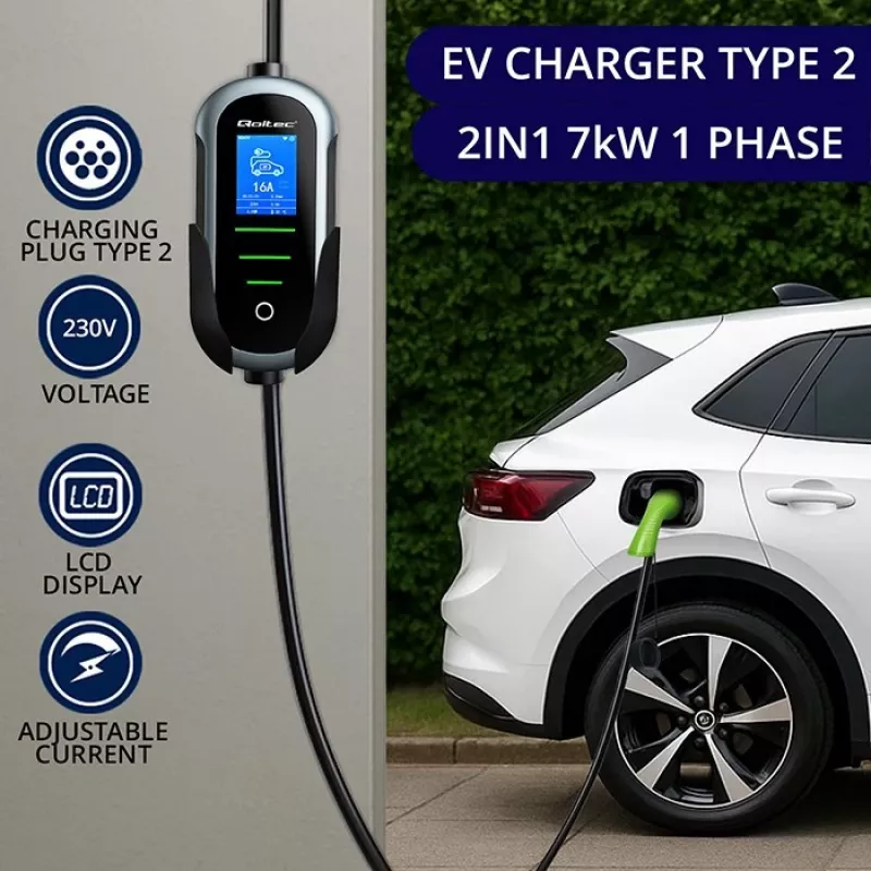 Wandmontiertes Elektroauto-Ladegerät QOLTEC 7 kW 230V CEE 32A mit Wi‑Fi und LCD (Modell 52721)