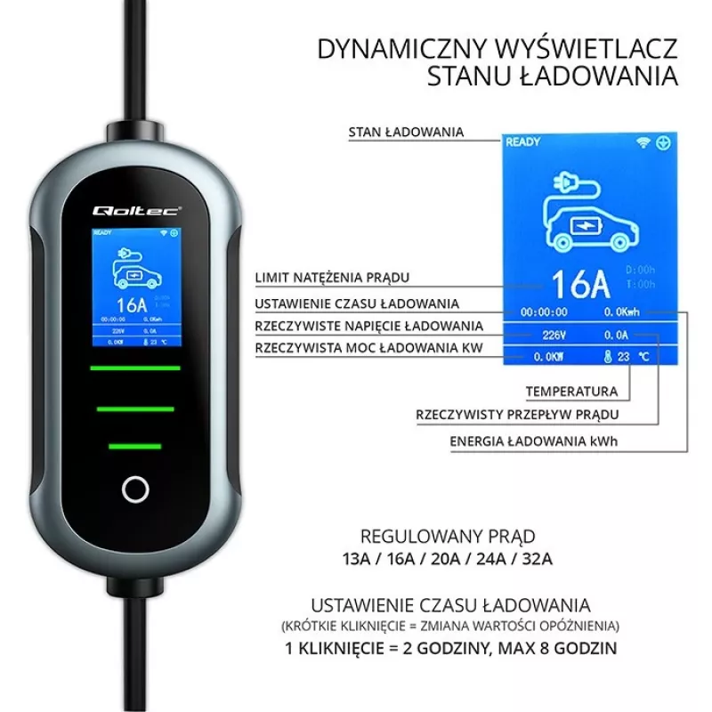 Wandmontiertes Elektroauto-Ladegerät QOLTEC 7 kW 230V CEE 32A mit Wi‑Fi und LCD (Modell 52721)