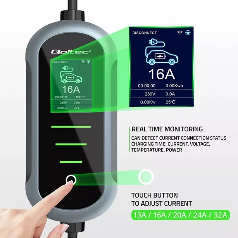 Wandmontiertes Elektroauto-Ladegerät QOLTEC 7 kW 230V CEE 32A mit Wi‑Fi und LCD (Modell 52721)