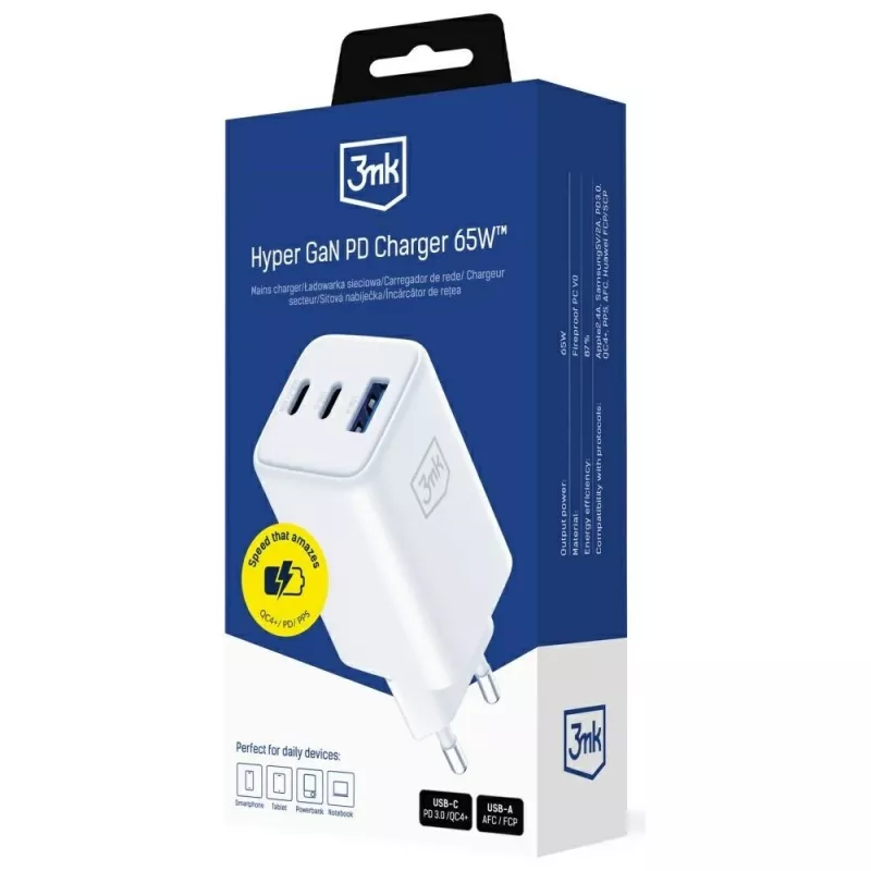 3MK Charger Hyper GaN 65W QC4+ — USB GaN 65W Schnellladegerät mit QC4+ Unterstützung