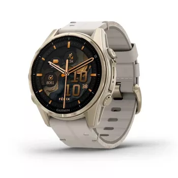 Smartwatch GARMIN Fenix 8 43 mm, 1,3 Zoll AMOLED 416×416, Touchscreen, Wi‑Fi, GPS, 32 GB, Gold Gehäuse, Graues Lederarmband