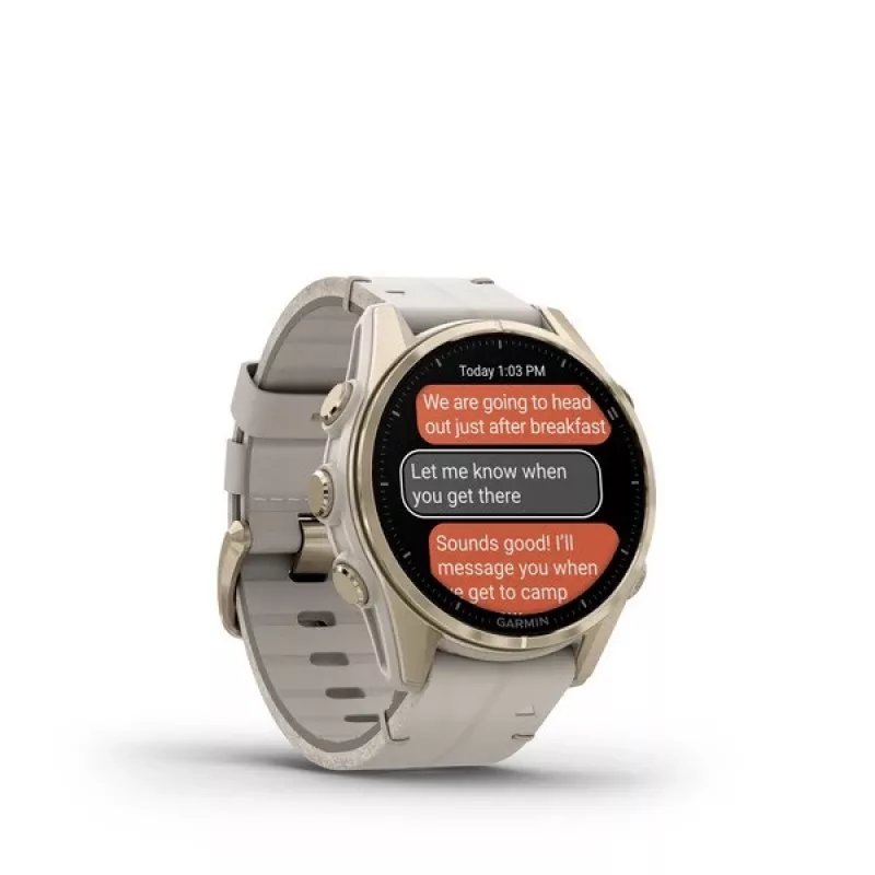 Smartwatch GARMIN Fenix 8 43 mm, 1,3 Zoll AMOLED 416×416, Touchscreen, Wi‑Fi, GPS, 32 GB, Gold Gehäuse, Graues Lederarmband