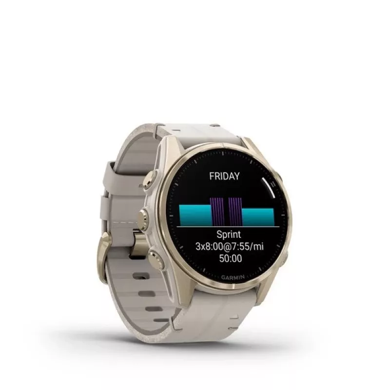 Smartwatch GARMIN Fenix 8 43 mm, 1,3 Zoll AMOLED 416×416, Touchscreen, Wi‑Fi, GPS, 32 GB, Gold Gehäuse, Graues Lederarmband