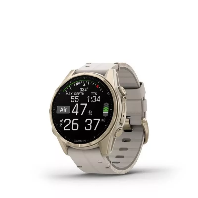 Smartwatch GARMIN Fenix 8 43 mm, 1,3 Zoll AMOLED 416×416, Touchscreen, Wi‑Fi, GPS, 32 GB, Gold Gehäuse, Graues Lederarmband