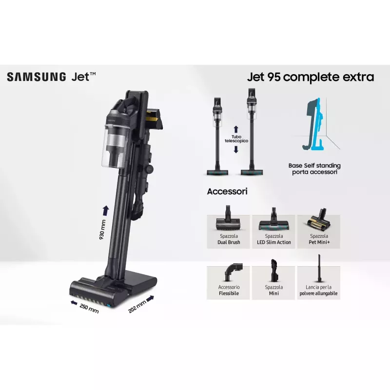 Stabstaubsauger Samsung VS20C9554TK — Batterie, Lithium‑Ionen, 580 W, beutellos 0,8 l, Zyklon, Schwarz