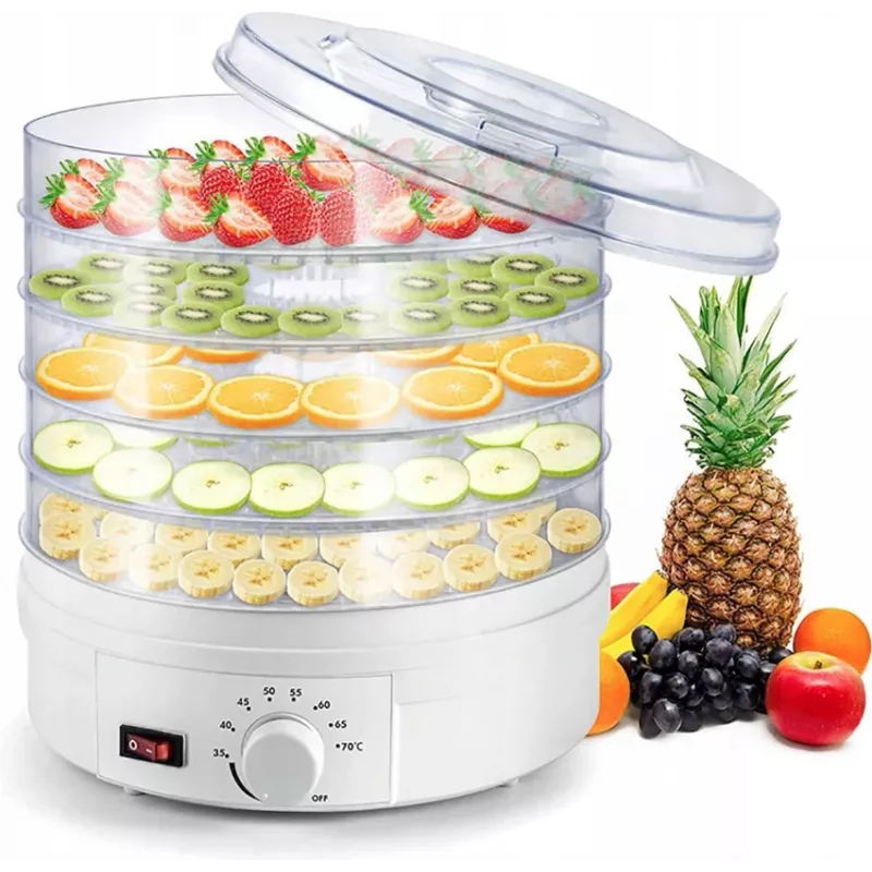 Extralink Home Großer Dörrautomat für Pilze, Obst, Gemüse und Kräuter Leistungsstarker Pro 500W + 5 Tabletts 27cm Weiß