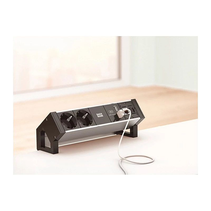 BACHMANN DESK2 ALU Schwarz 2x Schutzkontakt-Steckdose 1x USB-Ladegerät 1x ABD GST18