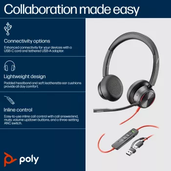 HP Poly Schwarzwire 8225 USB-C-Headset, kabelgebunden, Büro/Callcenter, 185 g, Headset, Schwarz