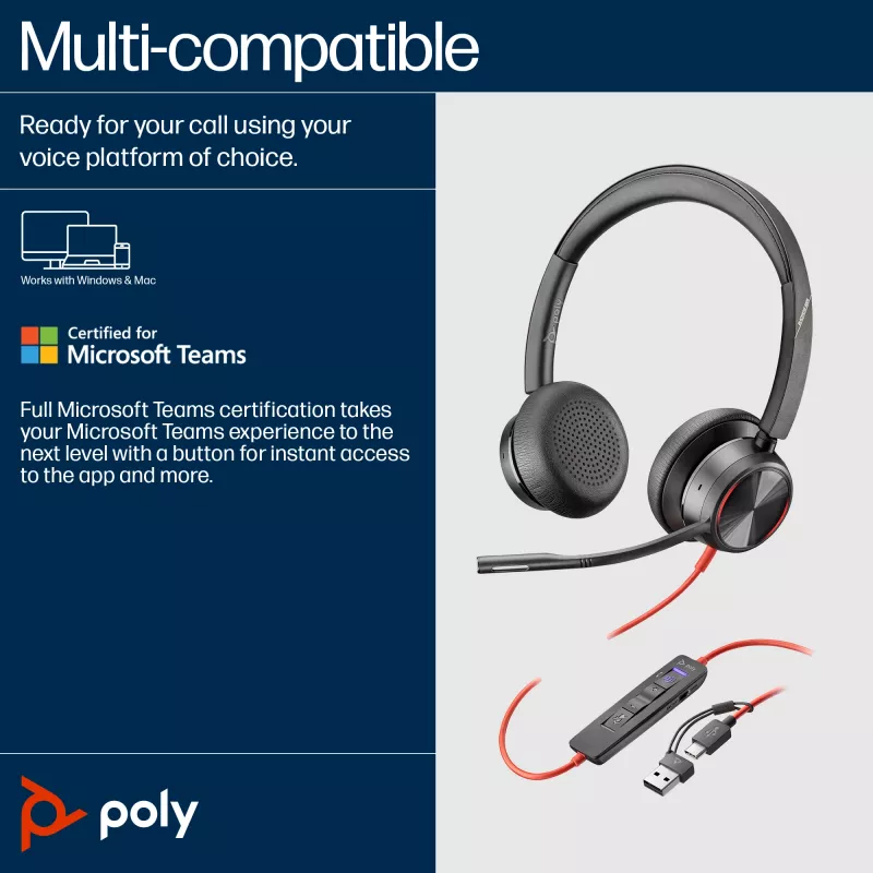 HP Poly Schwarzwire 8225 USB-C-Headset, kabelgebunden, Büro/Callcenter, 185 g, Headset, Schwarz
