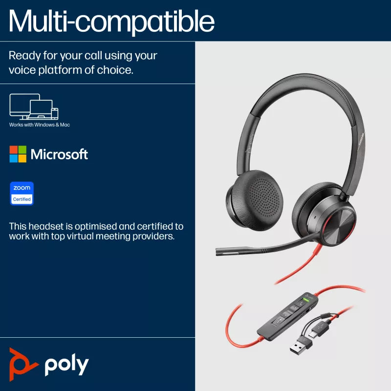 HP Poly Schwarzwire 8225 USB-C-Headset, kabelgebunden, Büro/Callcenter, 185 g, Headset, Schwarz