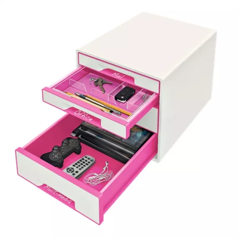 Leitz Schubladenschrank WOW Cube 4-fach, 4 Schubladen, Kunststoff, Pink, Weiß, 1 Stück, 287 mm, 270 mm