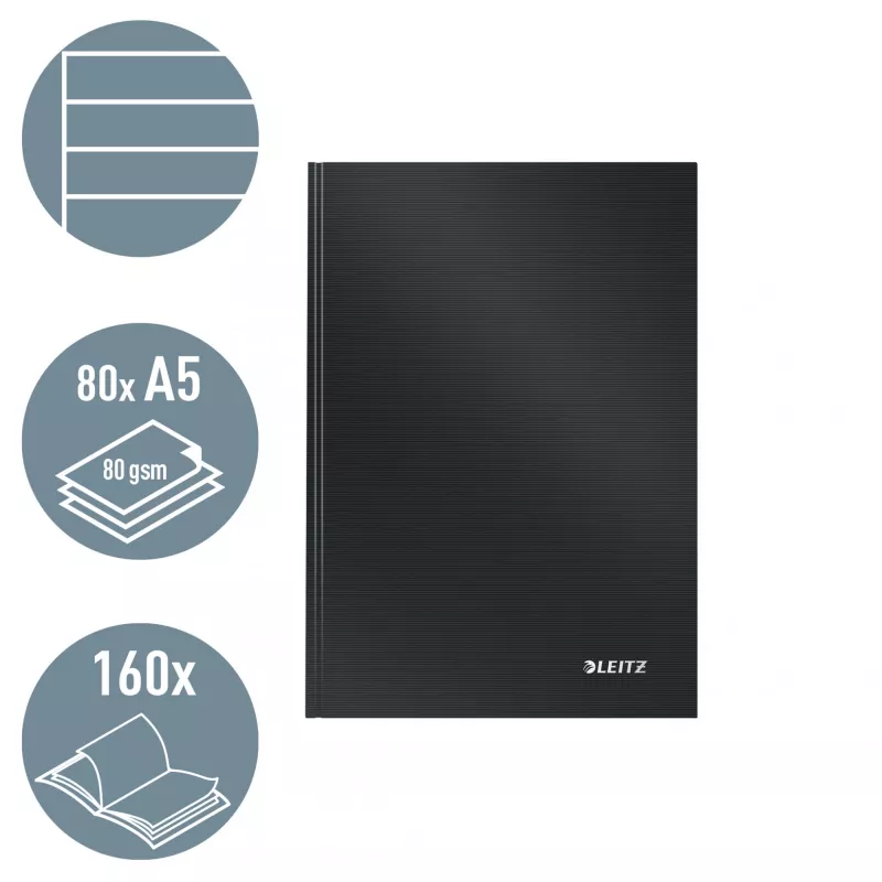 Leitz Notebook Solid Hardcover A5 Liniert 90 g 80 Blatt, Monochromatisch, Schwarz, A5, 80 Blatt, Glänzend, 80 g/m²