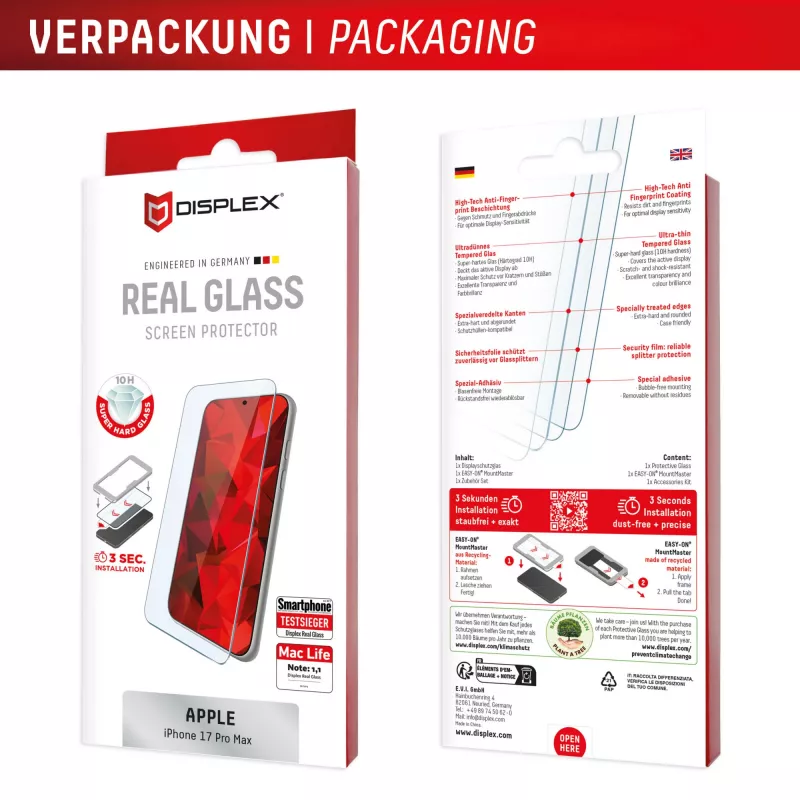 Tempered Glass Screen Protector e.v.i. Displex (10H) für Apple iPhone 17 Pro Max — kratz-, stoß- und schmutzabweisend, 1 Stück