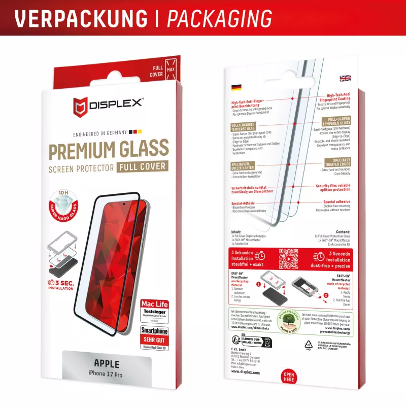 Displayschutz e.v.i. Displex iPhone 17 Pro Premium mit Montagehilfe – kratzfest, transparent/schwarz