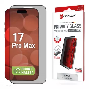 Privacy Displayschutzglas aus gehärtetem Glas e.v.i. Displex (10H) für Apple iPhone 17 Pro Max, Blickschutzfilter