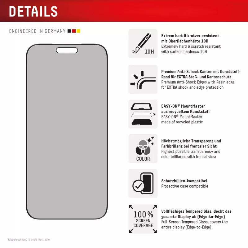 Privacy Displayschutzglas aus gehärtetem Glas e.v.i. Displex (10H) für Apple iPhone 17 Pro Max, Blickschutzfilter