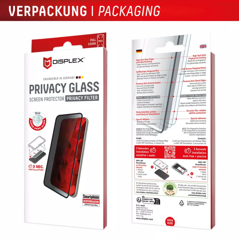 Privacy Displayschutzglas aus gehärtetem Glas e.v.i. Displex (10H) für Apple iPhone 17 Pro Max, Blickschutzfilter