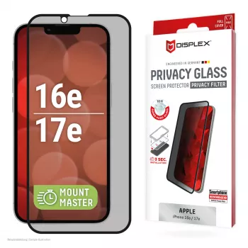 Privacy Panzerglas Displayschutz e.v.i. Displex (10H) für Apple iPhone 16e/17e mit Sichtschutzfilter, stoß- und kratzfest