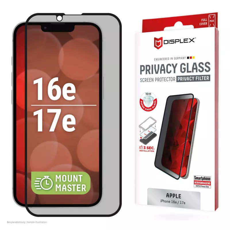 Privacy Panzerglas Displayschutz e.v.i. Displex (10H) für Apple iPhone 16e/17e mit Sichtschutzfilter, stoß- und kratzfest