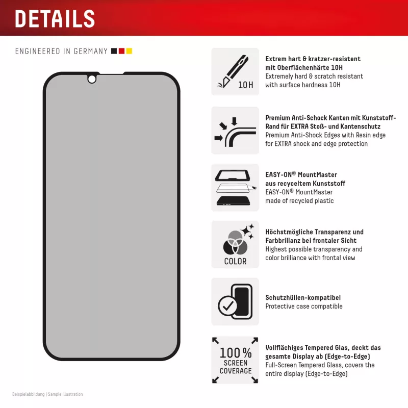 Privacy Panzerglas Displayschutz e.v.i. Displex (10H) für Apple iPhone 16e/17e mit Sichtschutzfilter, stoß- und kratzfest