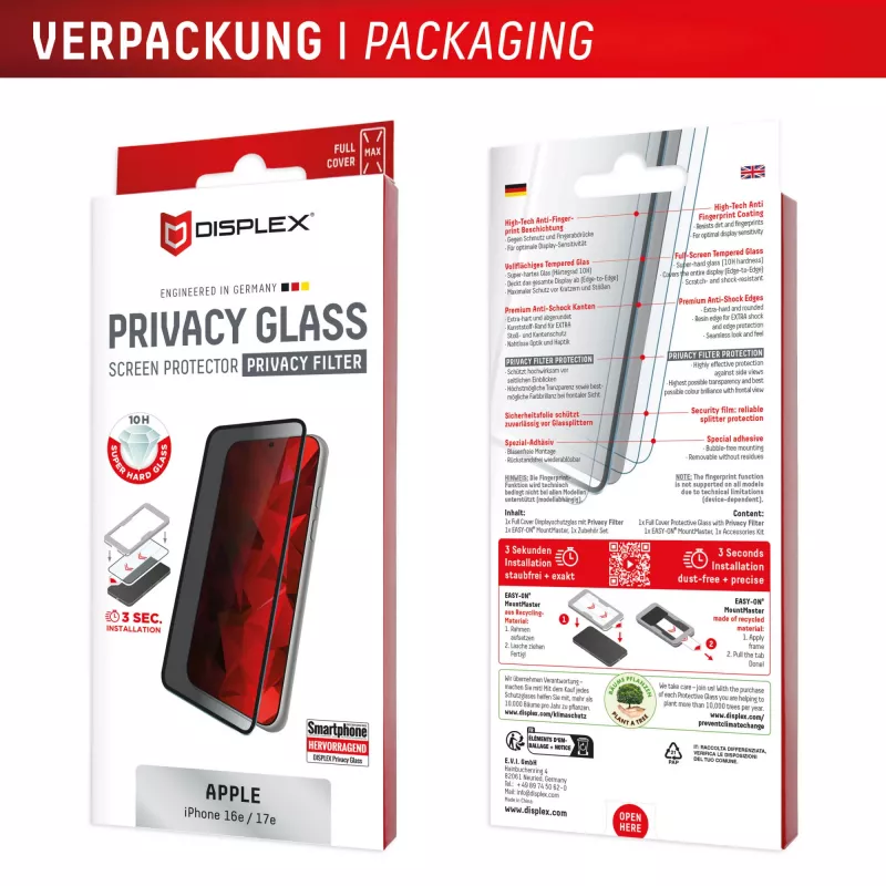 Privacy Panzerglas Displayschutz e.v.i. Displex (10H) für Apple iPhone 16e/17e mit Sichtschutzfilter, stoß- und kratzfest
