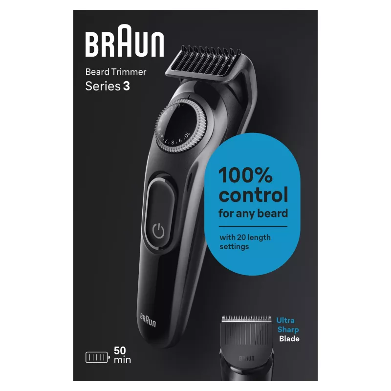Braun BeardTrimmer 3 Beard Trm 3 BT3400, waschbar, Batterie, Schwarz