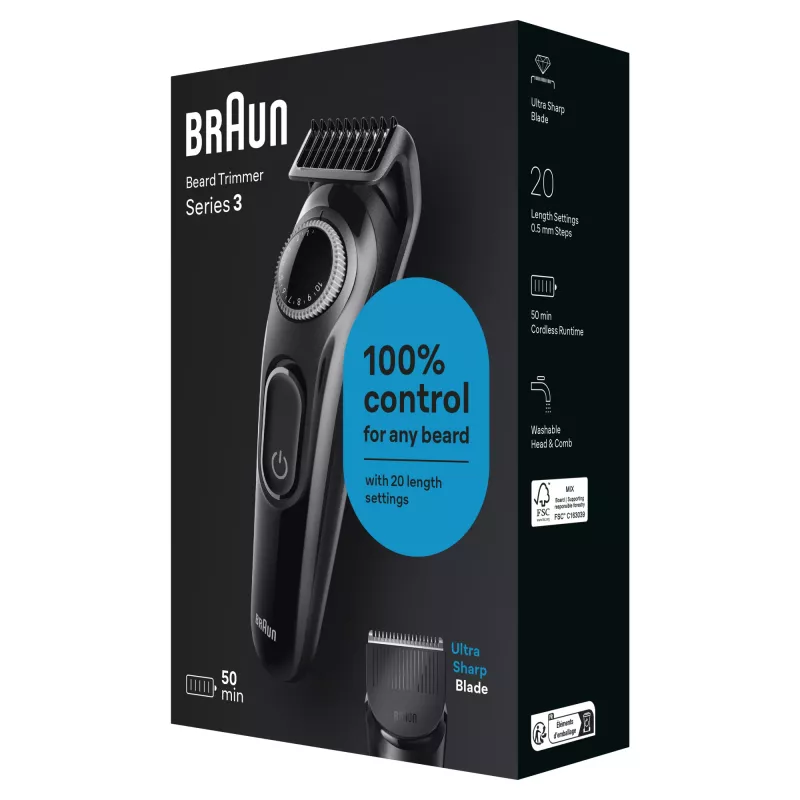 Braun BeardTrimmer 3 Beard Trm 3 BT3400, waschbar, Batterie, Schwarz