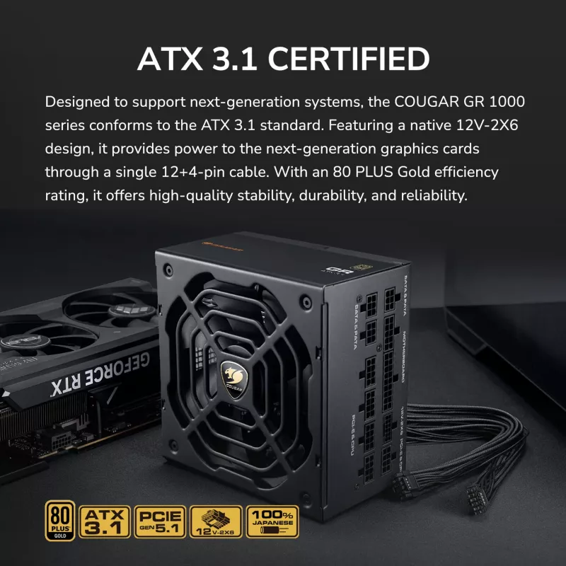 Netzteil COUGAR GR 1000W ATX3.1 PCIE 5.1 80 PLUS Gold, 1000 W, 20+4 Pin ATX, 120 mm Lüfter