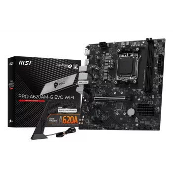 Motherboard MSI Pro A620AM-G EVO WIFI — AMD A620A Chipsatz, Sockel AM5, micro ATX, DDR5, 2 Speicherslots, Wi‑Fi 6E, 2,5Gb Ethernet