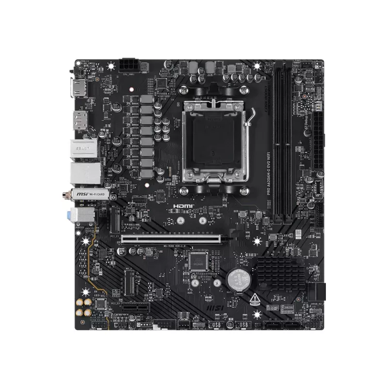 Motherboard MSI Pro A620AM-G EVO WIFI — AMD A620A Chipsatz, Sockel AM5, micro ATX, DDR5, 2 Speicherslots, Wi‑Fi 6E, 2,5Gb Ethernet