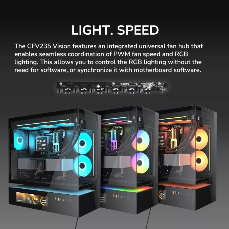 Cougar CFV235 Vision Midi Tower PC-Gehäuse, ARGB, 9,16-Zoll-LCD (1920×462), gehärtetes Glas, schwarz