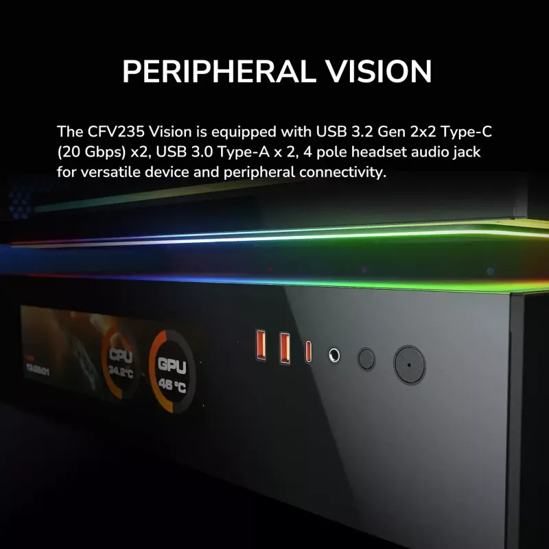 Cougar CFV235 Vision Midi Tower PC-Gehäuse, ARGB, 9,16-Zoll-LCD (1920×462), gehärtetes Glas, schwarz