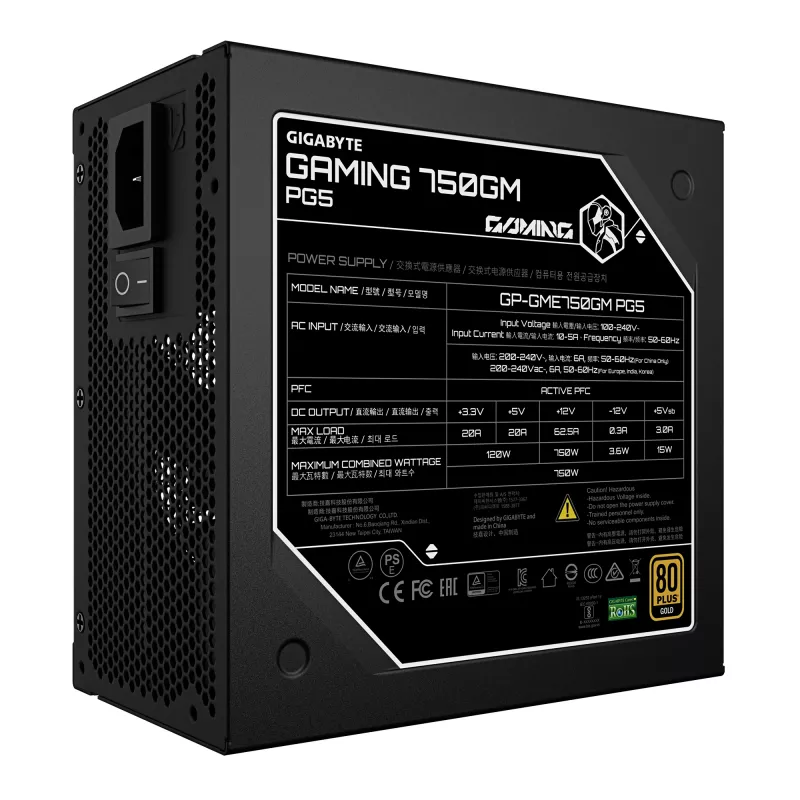 GIGABYTE GAMING 750GM PG5 Netzteil - PCIe 5.1, 80 PLUS Gold, vollmodularer Aufbau, 135-mm-Lüfter, ATX 3.1 kompatibel, EU-Stecker