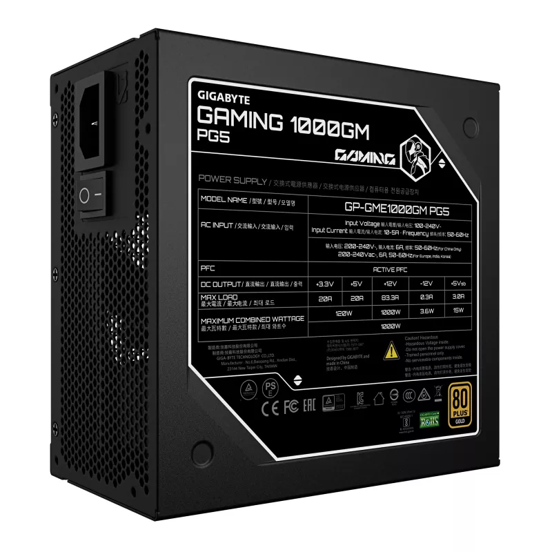 GIGABYTE GAMING 1000GM PG5 Netzteil - PCIe 5.1, 80 PLUS Gold, vollmodularer Aufbau, 135 mm Lüfter, ATX 3.1 kompatibel, EU-Stecker