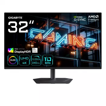 GIGABYTE MO32U24 81,3 cm (32 Zoll) QD-OLED Gaming-Monitor, 4K UHD 3840x2160, 240 Hz, 0,03 ms, HDMI 2.1, DisplayPort 1.4, HDR True Schwarz 500