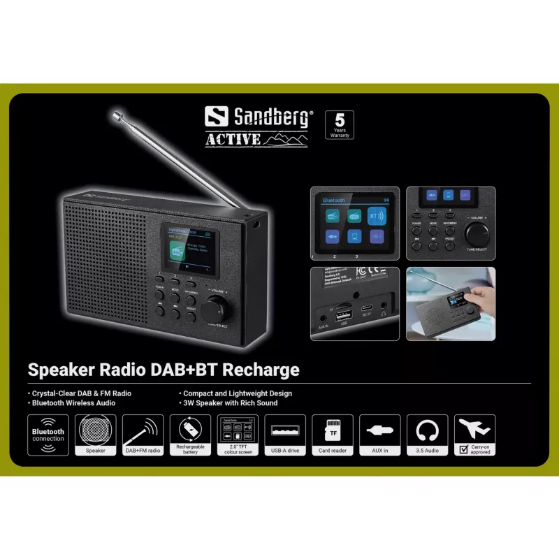Sandberg Lautsprecher Radio DAB+BT Wiederaufladbar, Tragbar, Analog & digital, DAB+, FM, 87,5 - 108 MHz, 174 - 240 MHz, 3 W