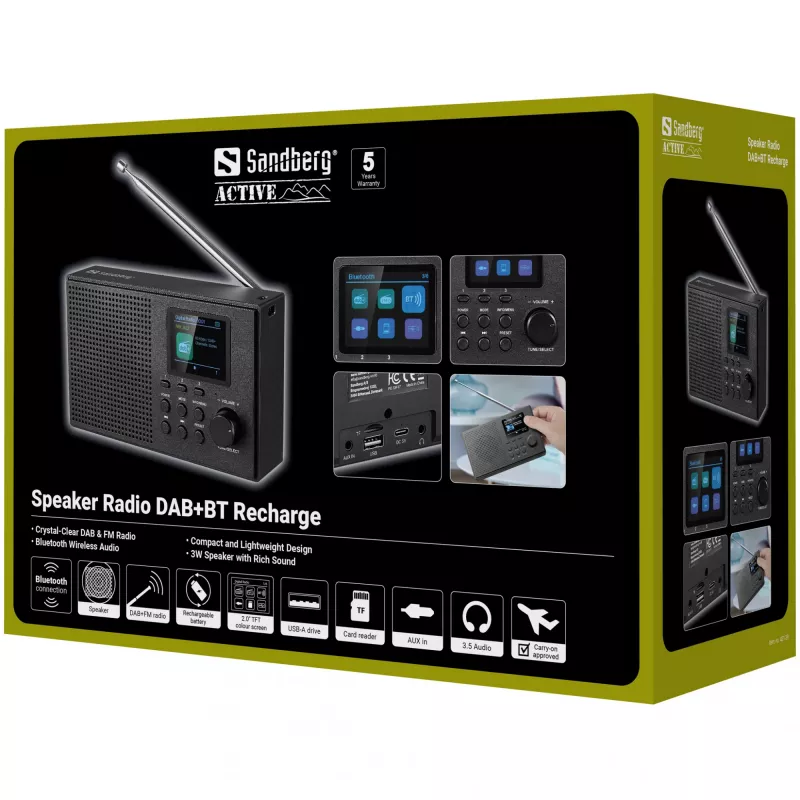 Sandberg Lautsprecher Radio DAB+BT Wiederaufladbar, Tragbar, Analog & digital, DAB+, FM, 87,5 - 108 MHz, 174 - 240 MHz, 3 W