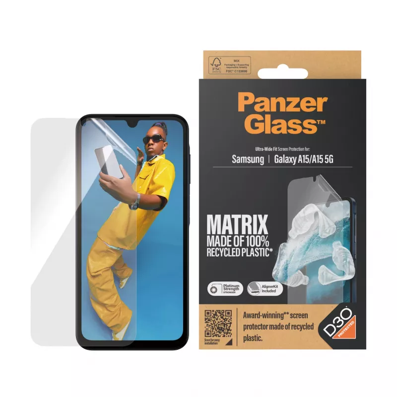 PanzerGlass ® ECO MATRIX Displayschutz mit D3O® Samsung Galaxy A15 | A15 5G | Ultra-Wide Fit mit AlignerKit