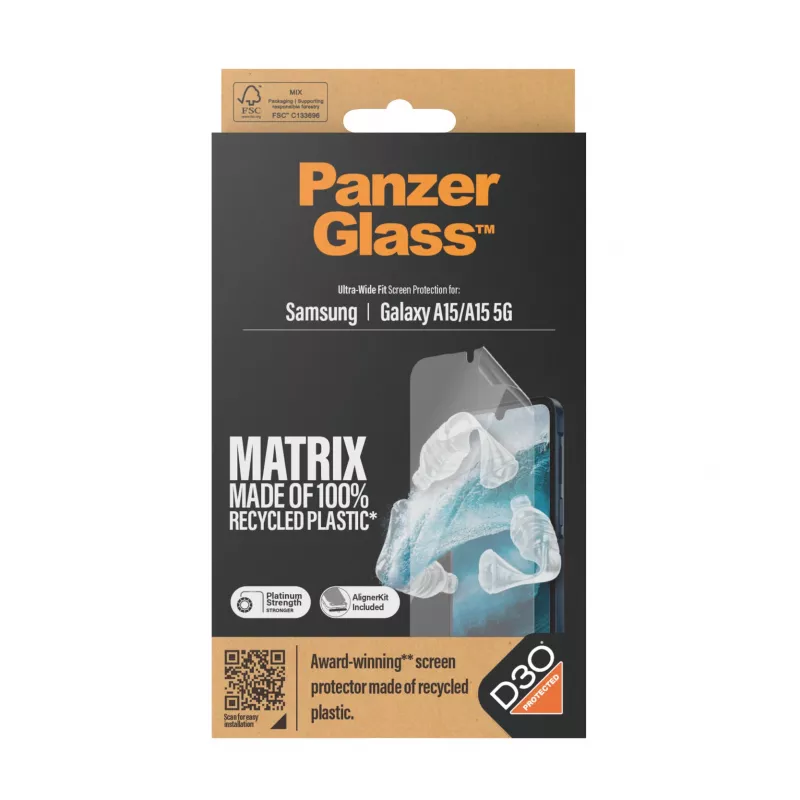 PanzerGlass ® ECO MATRIX Displayschutz mit D3O® Samsung Galaxy A15 | A15 5G | Ultra-Wide Fit mit AlignerKit