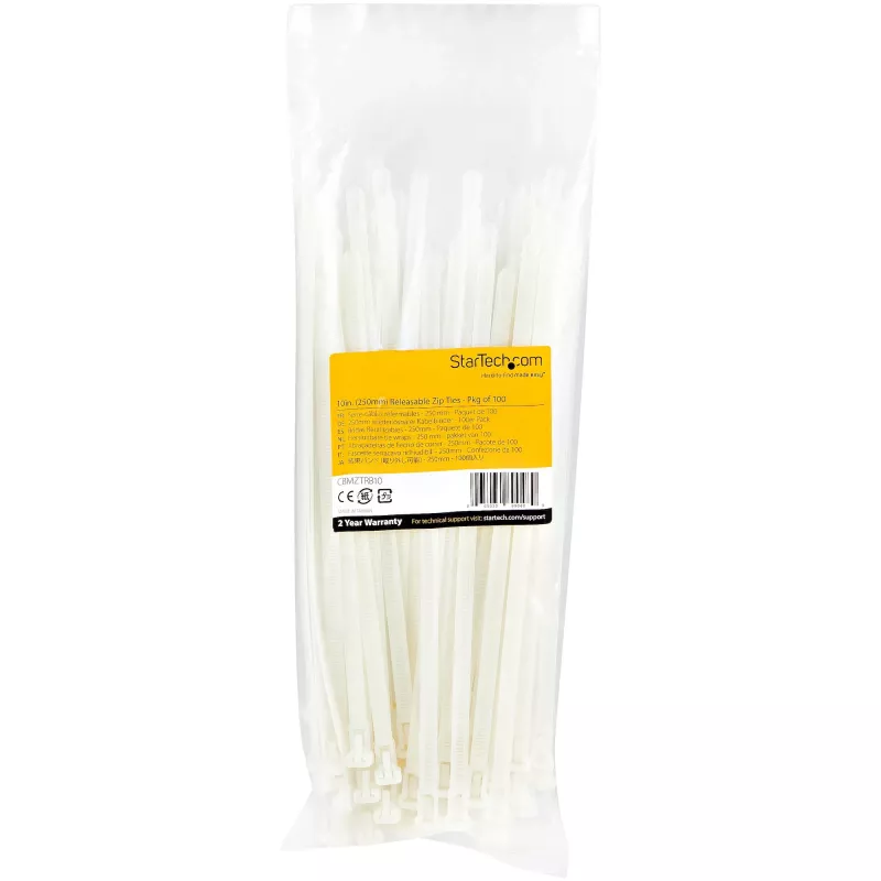 StarTech.com 25 cm wiederverwendbare Kabelbinder – 7 mm breit, 65 mm Bündeldurchmesser, 22 kg Zugfestigkeit, lösbare Nylonbinder, innen/außen, 94V-2/UL gelistet, 100er-Pack – Weiß