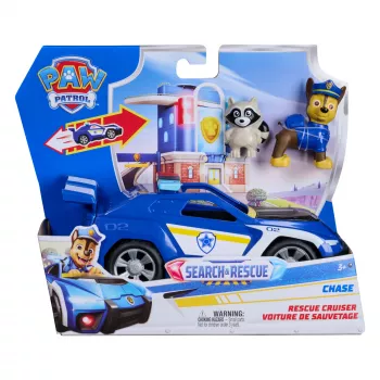 PAW Patrol : Search & Rescue, Chase Rescue Cruiser Fahrzeug mit 2 Figuren, Polizeiauto-Spielzeug mit Rückziehmechanismus, Kinderspielzeug für Jungen & Mädchen ab 3 Jahren