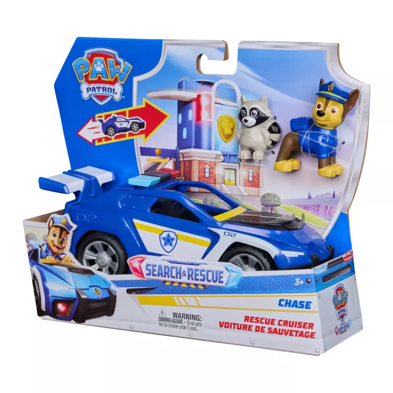 PAW Patrol : Search & Rescue, Chase Rescue Cruiser Fahrzeug mit 2 Figuren, Polizeiauto-Spielzeug mit Rückziehmechanismus, Kinderspielzeug für Jungen & Mädchen ab 3 Jahren