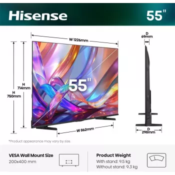Hisense 55E7S 55 Zoll QLED 4K Ultra HD Smart TV mit VIDAA, Direct-LED, 3840×2160, 330 cd/m², DVB-T2/C/S2, Wi‑Fi, Schwarz